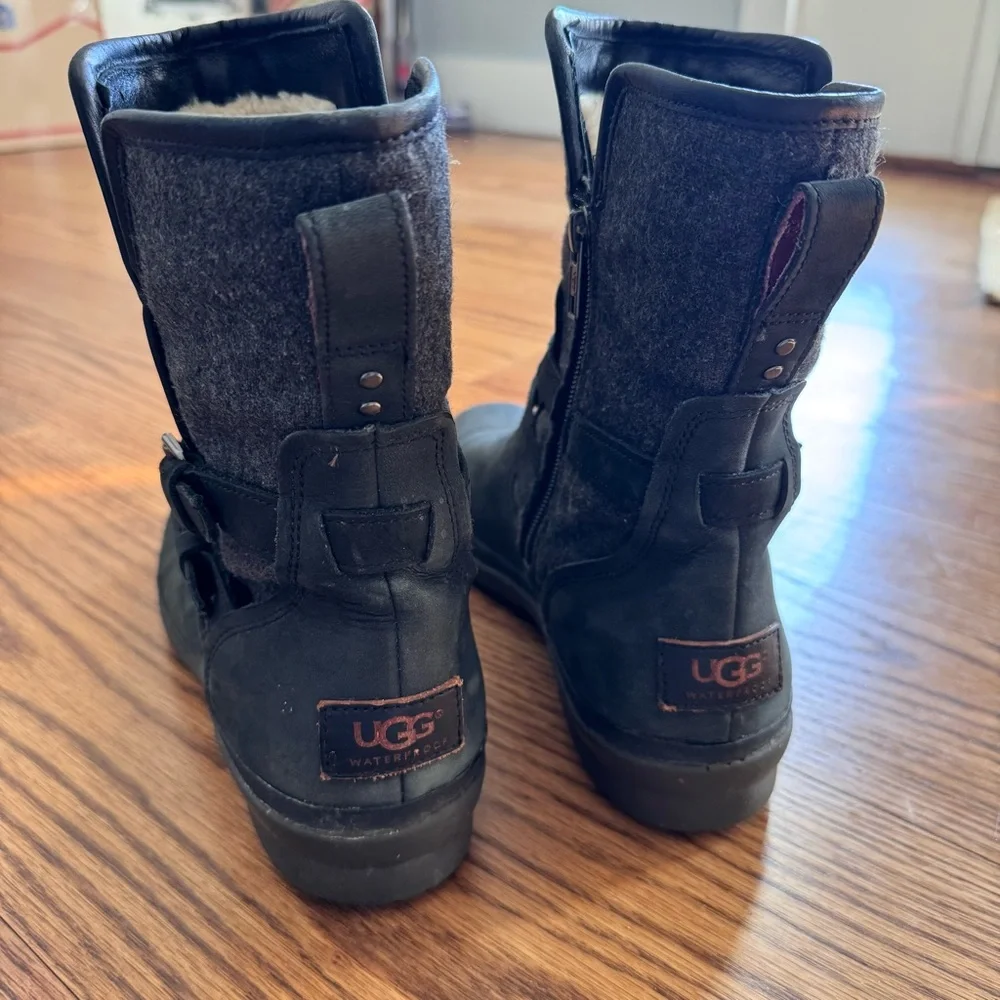 UGG Simmens Waterproof Leather Boot size 9.5 Black leather and grey wool